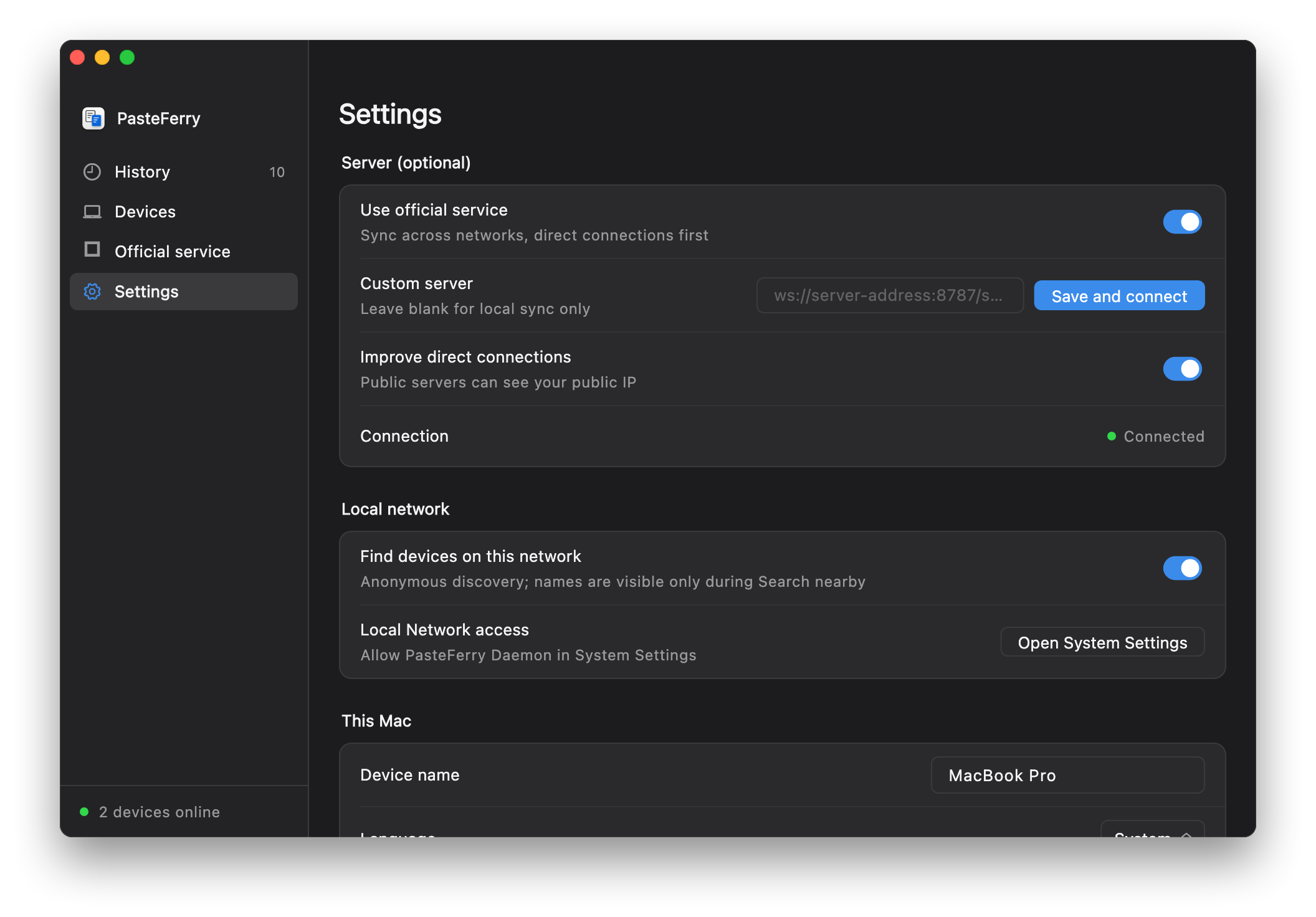 The Use official service switch in Settings, without an official address field