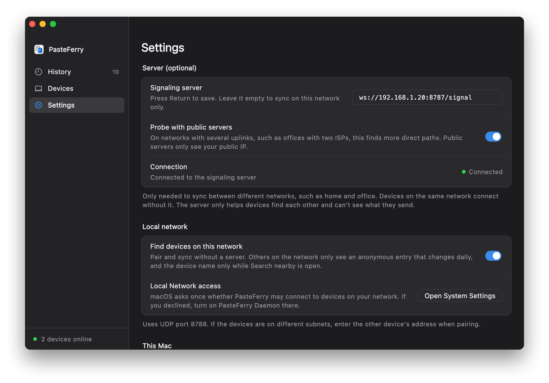 PasteFerry Settings: the signaling server is ws://192.168.1.20:8787/signal and the connection status shows Connected
